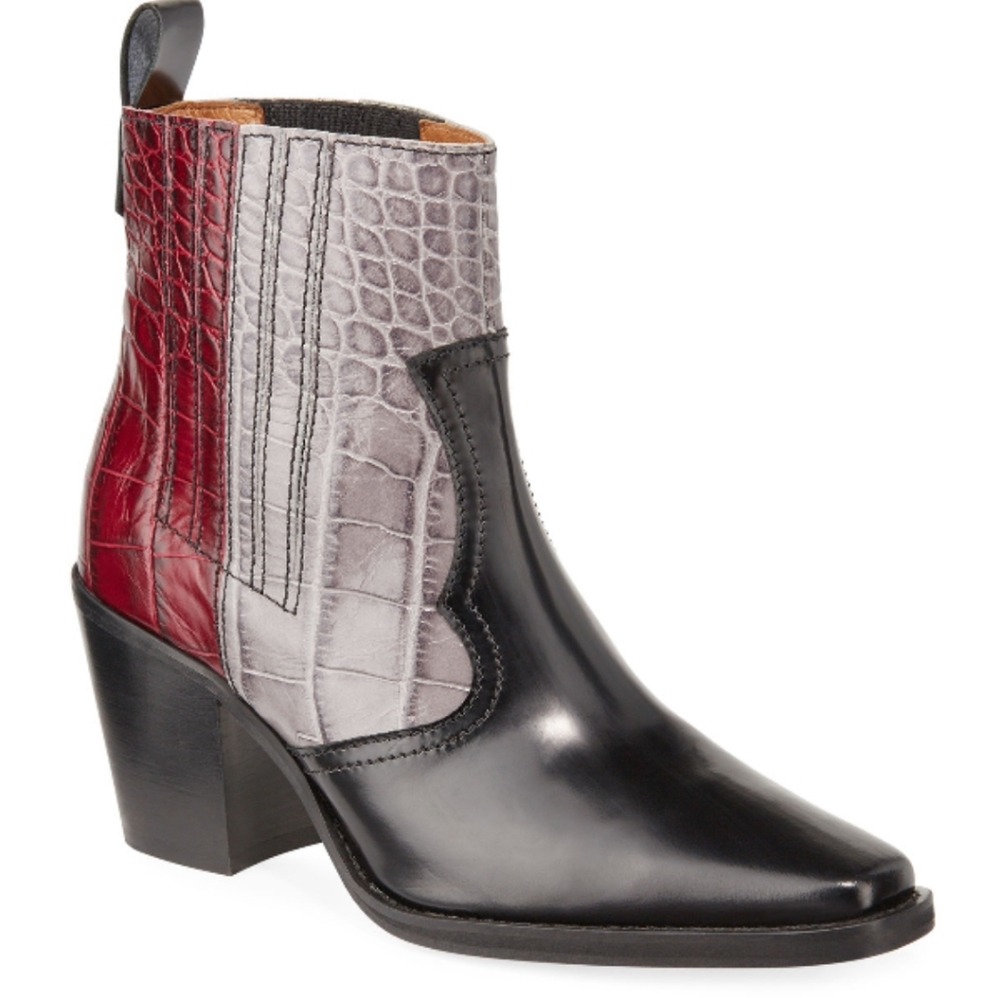 Ganni Black, Gray & Red Croc-Embossed Leather Heeled Boots